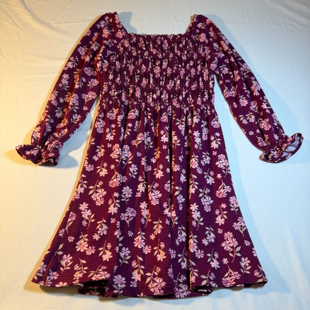 Btween Size 6 Girls Smocked Floral Dress Purple Lightweight Casual Spring Summe